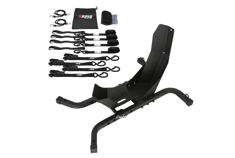 SEFIS C21 motorcycle wheel chock + SEFIS SET 25 Securing Straps for a motorcycle