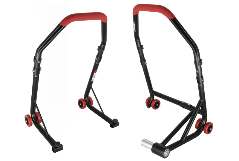 SEFIS D22 rear stand for flying bike storage - left-hand side and D18 universal front motorcycle stand set for a motorcycle