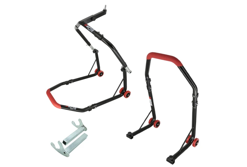 SEFIS D18 front head lift paddock stand and rear paddock stand set - hooks - red for a motorcycle